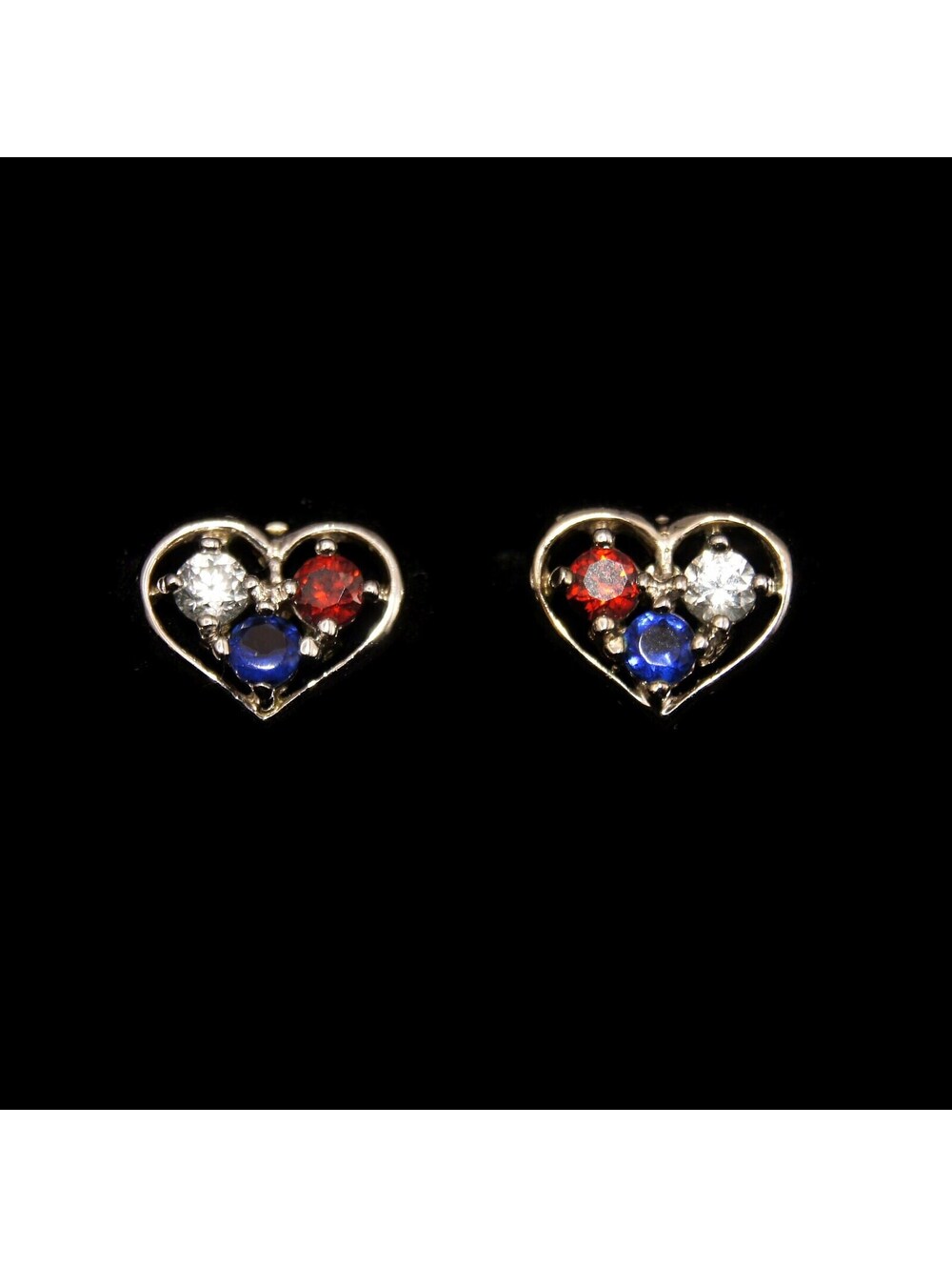 Vintage Silver Tone with Red, Clear & Blue Rhinestones Heart Stud Earrings.